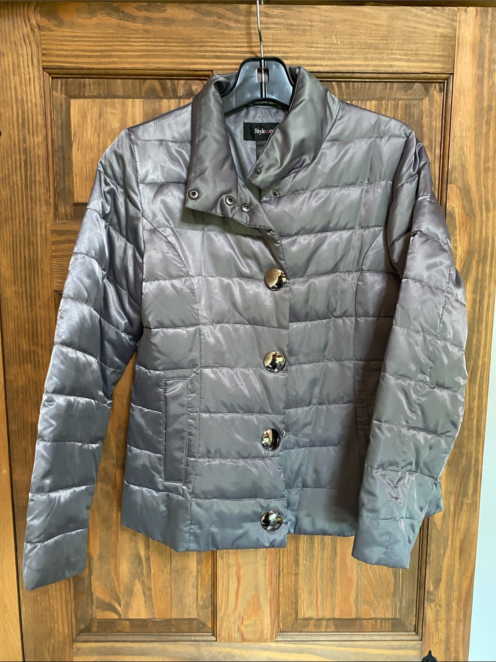 Style & Co. Shiny Quilted Puffer Jacket in Silver-Gray